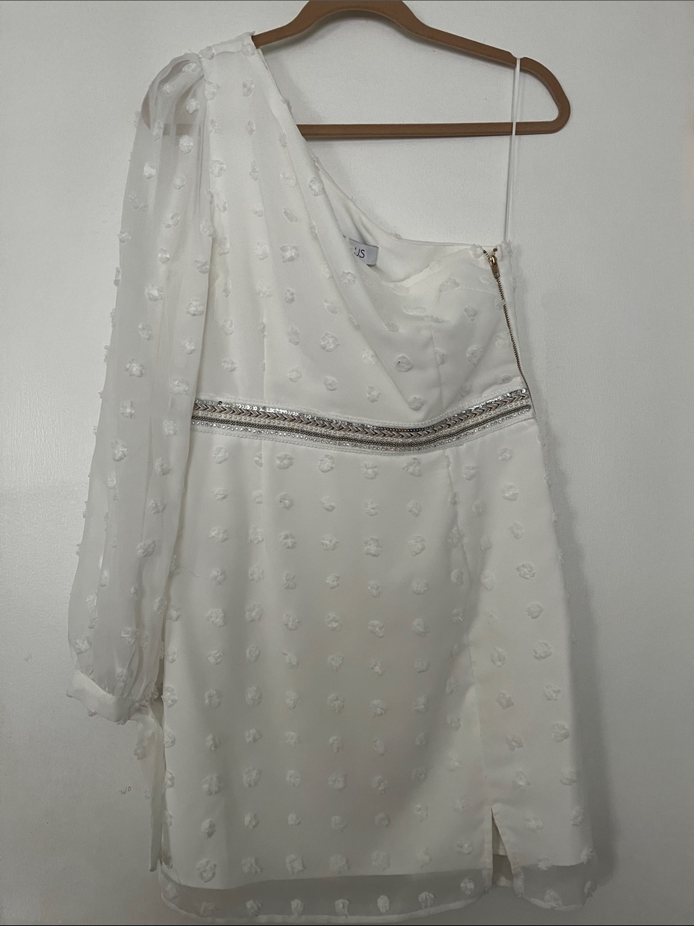Jaus One-Shoulder White Mini Dress with Embroidered Dot Texture